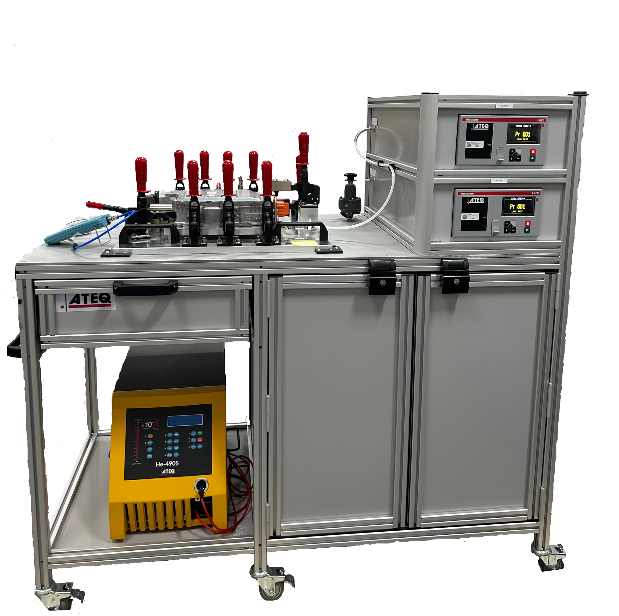 Turnkey leak test system with HE490 helium sniffer and F620 leak tester mounted on it
