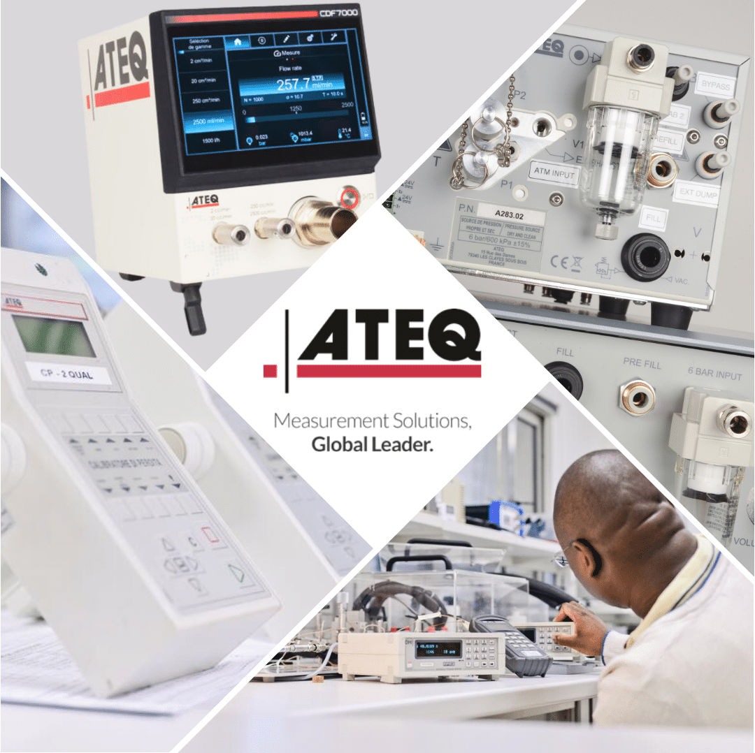 Visual with ATEQ logo at the center, CDF on the left, CDF 7000 at the top, F620 on the right, and an ATEQ engineer at the bottom right