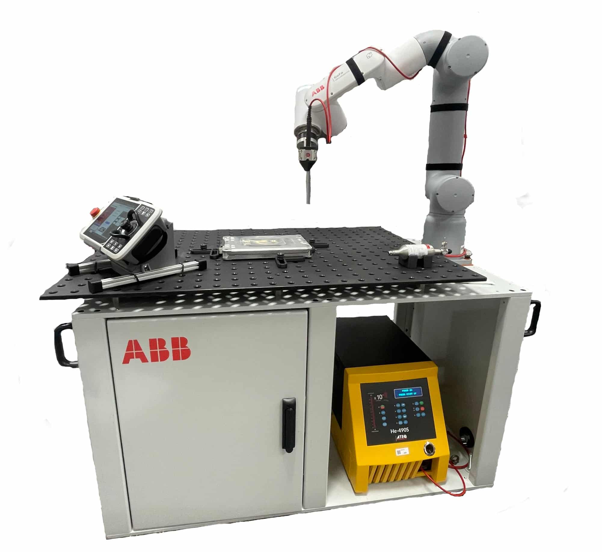 Automated leak test station with ATEQ HE490S helium sniffer and ABB robotic arm in operation testing a battery module