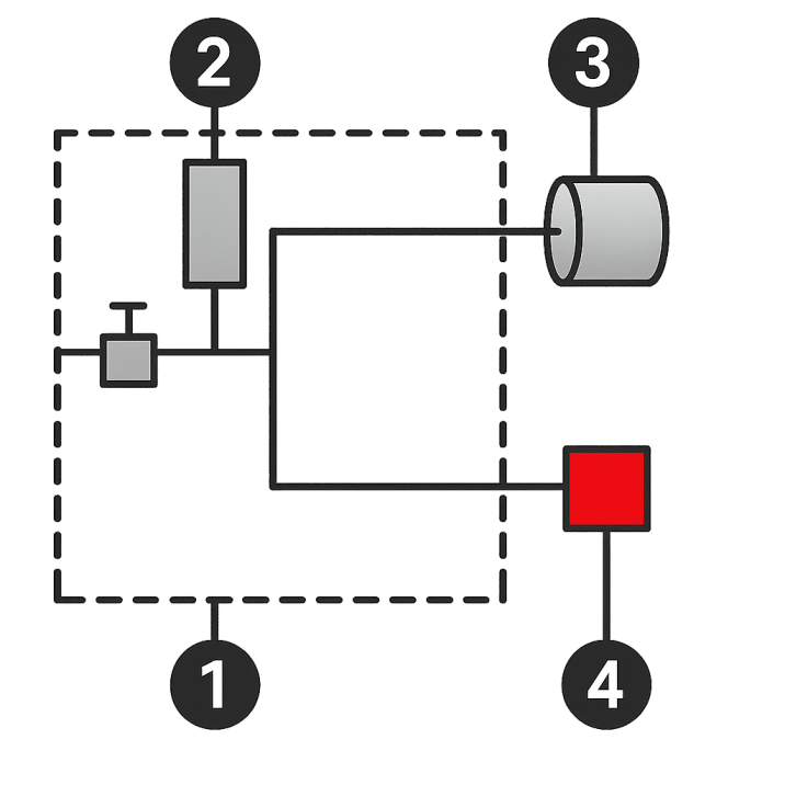 Diagram showing ATEQ desensitized test setup with device, pressure sensor, and test part