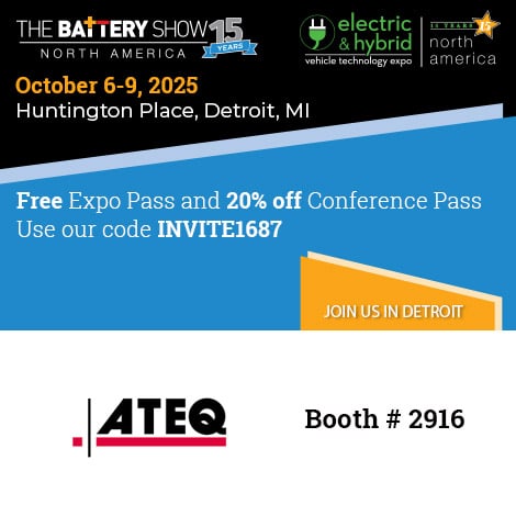 Battery Show 2025 banner featuring ATEQ at booth 2916